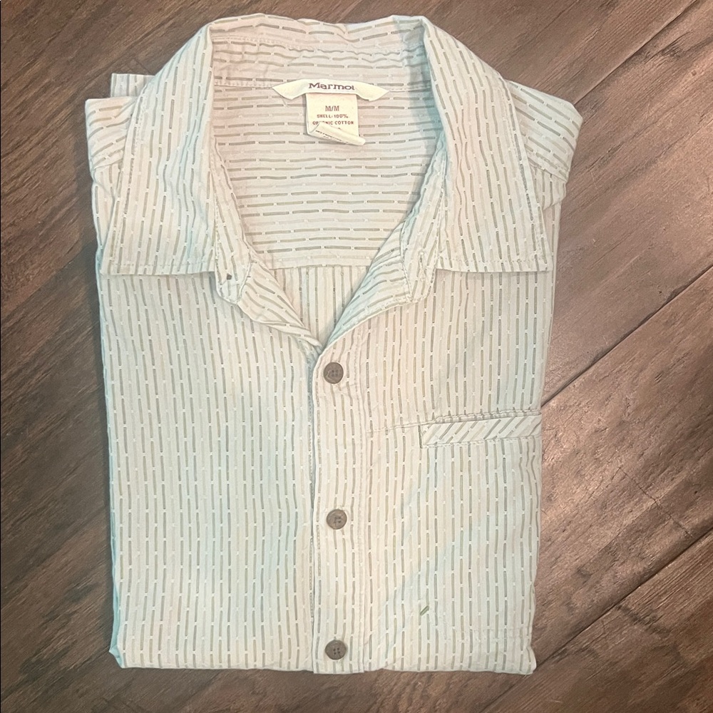 Marmot Men's Gray-Green Striped Button-Down Short Sleeve Shirt Medium EUC